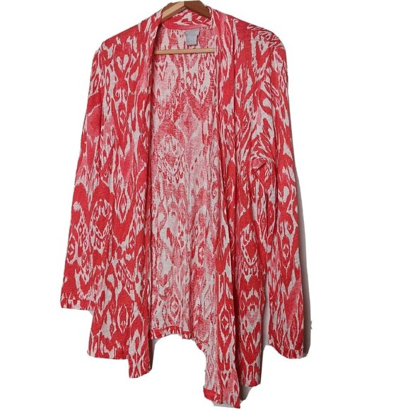 Chico's Tops - Chicos Size 2 Large Shirt Open Front Cardigan Salmon Orange White Knit Linen Top
